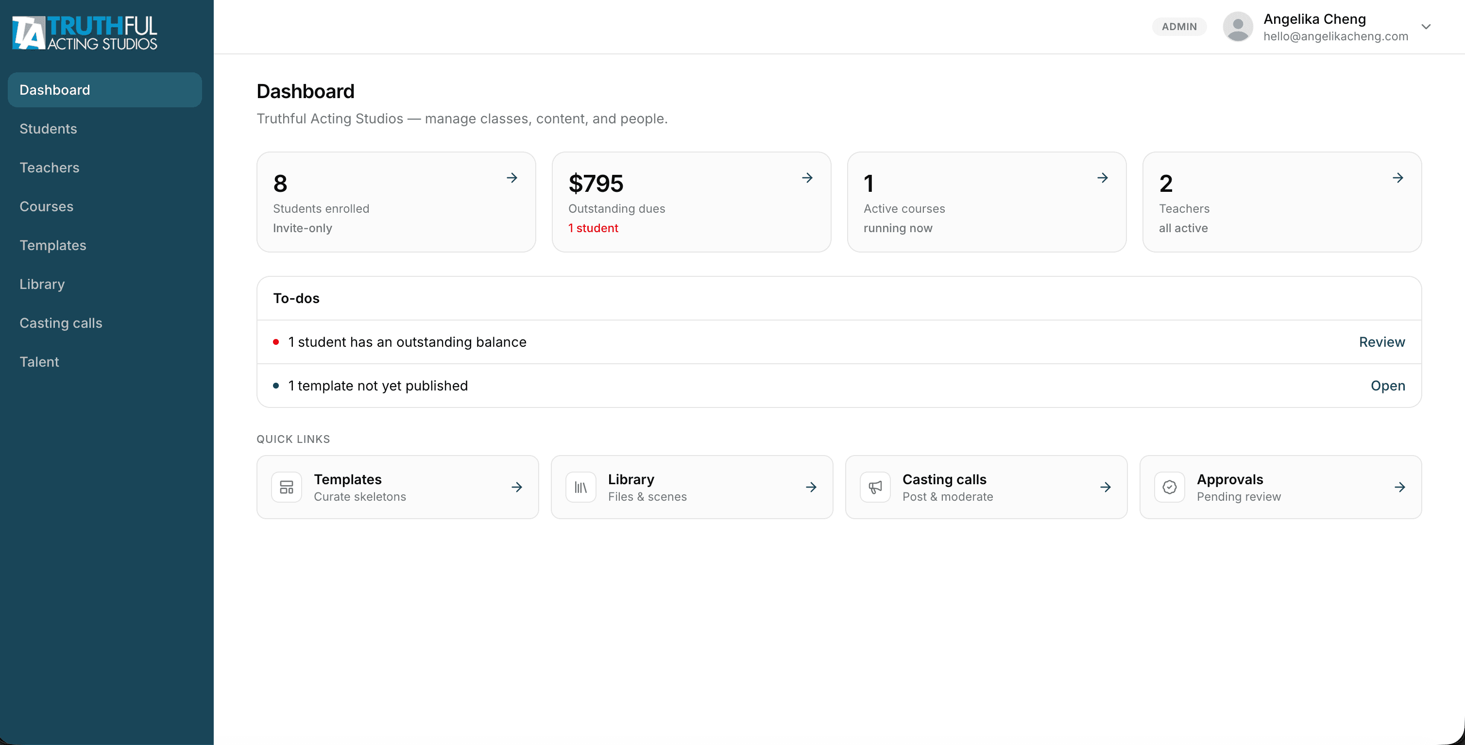 Truthful Acting admin dashboard